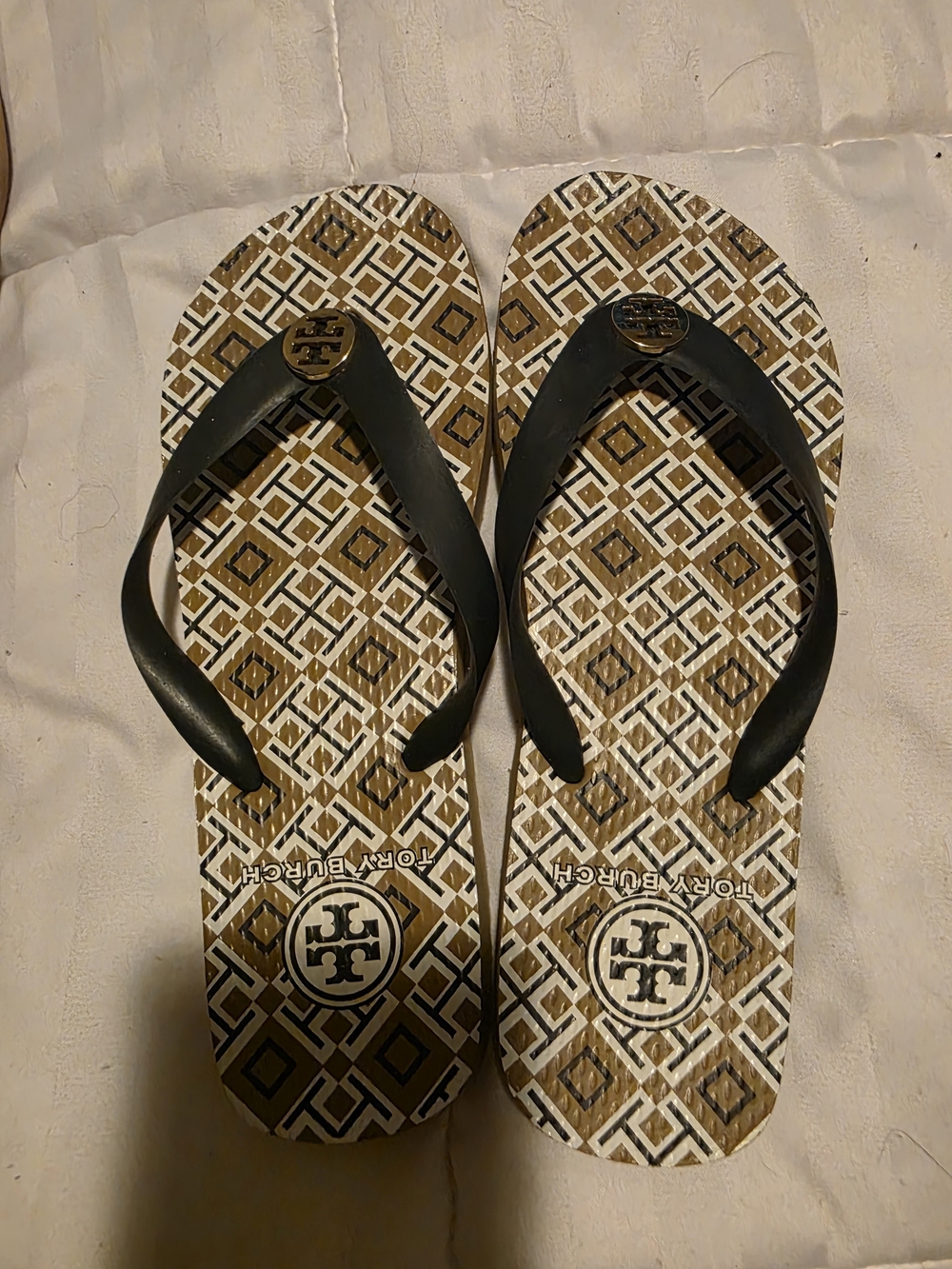 Tory Burch Black Strap Flip Flops with Brown & White Geometric Footbed